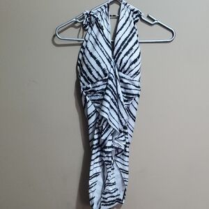 Black and White Striped Halter One Piece Swimsuit Size XL
